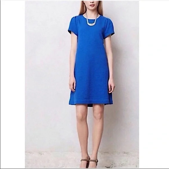 Anthropologie Maeve 60s Retro Textured Short Sleeve Shift Dress Size Small Blue - Picture 2 of 12